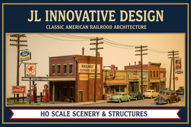 Vintage HO scale model railroad structures by JL Innovative Design featuring 1930s-1960s gas stations, warehouses, billboards, and commercial buildings with period-accurate signage