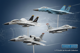 1/72 scale Hobby Boss jet aircraft model kits featuring F-14 Tomcat, F-15 Eagle, F-16 Fighting Falcon, A-10 Thunderbolt II display