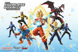 Bandai Figure-rise collection featuring Dragon Ball, Kamen Rider, Ultraman, Digimon character kits with vibrant colors and dynamic poses