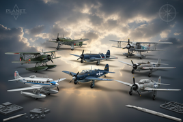 1/72 scale Planet Models propeller aircraft including Japanese Aichi and American experimental planes displayed against dramatic sky background showcasing rare vintage aviation model kits for collectors
