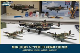 1/72 scale Airfix propeller aircraft models featuring British WWII bombers and fighters including Avro Lancaster, Spitfire, Hurricane, and Bristol Blenheim with authentic RAF camouflage, roundels, and precision detail for classic aviation modeling