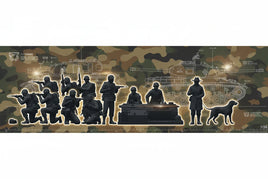 1/35 scale WWII military miniatures, soldiers, tank blueprints, dog, on camo background, MPM Hobbies