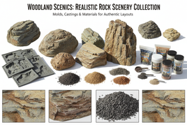 Woodland Scenics realistic rock scenery collection with model rocks, molds, scenic materials, and scenery supplies for authentic model railroad layouts.