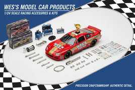 Wes's Model Car 1/24 scale racing kits featuring championship trophy car and precision trailer hitch accessories with checkered flag racing theme