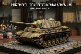 1:35 scale German WWII tank model kit with camouflage, showcased on a diorama base