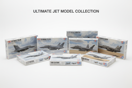 Tamiya 1/72 scale jet aircraft model kit boxes featuring F-35 Lightning II, F-14 Tomcat, F-16 Fighting Falcon, and F4D Skyray
