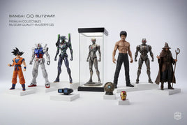 Bandai Blitzway collectible action figures including robots, superheroes, and fantasy characters on display stands at MPM Hobbies.