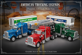 Premium 1/25 scale semi tractors and trailers including Kenworth conventional with sleeper, GMC Astro 95 cabover, Peterbilt 359 with chrome, Fruehauf Sunoco tanker, Great Dane Sprite trailer, and Miller Beer reefer with authentic trucking liveries