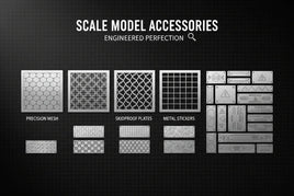 MPM Hobbies scale model accessories display with precision mesh, skidproof plates, and metal stickers.