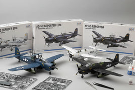 Scale model US military aircraft kits with assembled planes and modeling tools from MPM Hobbies