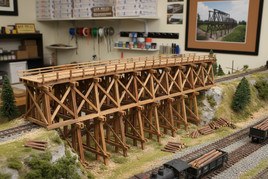 HOn30 scale Bar Mills laser-cut wood trestle bridge with realistic timber details and authentic narrow gauge construction for specialty model railroad layouts