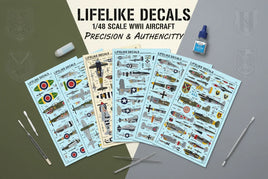 Lifelike Decals 1/48 scale WWII aircraft decal sheets displayed with hobby tools on a workspace, ideal for model airplane enthusiasts from MPM Hobbies.