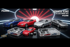 Fujimi Japanese 1/24 scale model car kits, featuring iconic sports cars on display