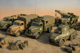 Detailed 3D printed military vehicle models with trucks, armored car, and equipment at MPM Hobbies.
