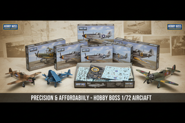 1/72 Hobby Boss propeller aircraft kits showing P-51 Mustang, F4U Corsair, F6F Hellcat, Bf109, FW190, Spitfire with Easy Assembly