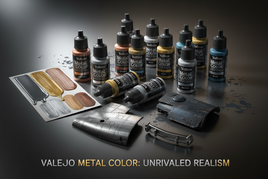 Vallejo Metal Color model paints set with painted samples and scale model parts, MPM Hobbies