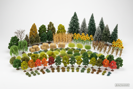 Assorted Bachmann model railroad trees, bushes, shrubs including pine, spruce, oak, maple with realistic foliage and seasonal details