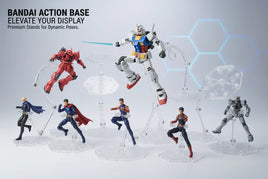 Bandai Action Base display stands holding Gundam and action figures in dynamic poses, MPM Hobbies