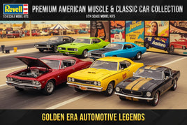 Premium American muscle and classic car model kits, including vintage cars in a drag racing scene.
