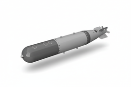 3D rendered scale model gray torpedo with propeller from MPM Hobbies on white background