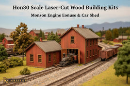 Hon30 scale laser-cut wood building kit with red engine house, train, and trees, MPM Hobbies