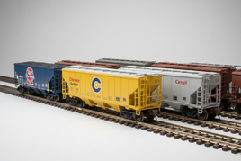 Professional N scale model railroad hopper cars including Chessie System, Cargill, and Pabst Blue Ribbon covered and open hoppers displayed on realistic track with detailed weathering in studio photography style