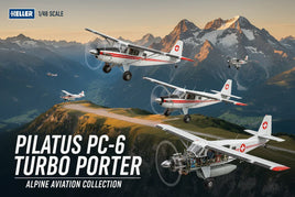 Pilatus PC-6 Turbo Porter model planes flying over mountain landscape, Heller 1/48 scale kit