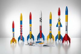 Colorful Quest model rockets in various sizes with aerodynamic designs for educational STEM learning and hobby flight
