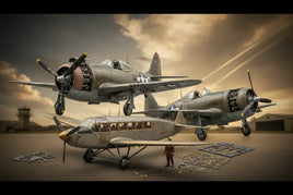 Scale model airplanes with assembly parts and pilot figure on an airfield at sunset from MPM Hobbies.