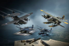 Model WWII military airplanes displayed in flight, with water and runway, at MPM Hobbies