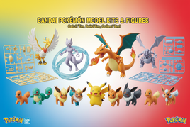 Bandai Pokemon collection featuring Pikachu, Charizard, Rayquaza, Eevee, legendary Pokemon model kits with vibrant colors and authentic designs
