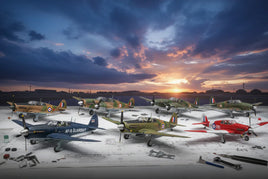 Scale model WWII airplanes displayed on blueprints at sunset, MPM Hobbies 3D printed kits