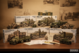 1/35 scale Roden military vehicle model kits featuring WWI-WWII British armored cars, American trucks, Soviet KrAZ, and Holt artillery tractors