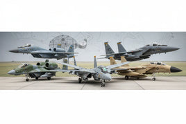 Assorted scale model fighter jets with detailed paint, displayed on tarmac at MPM Hobbies.