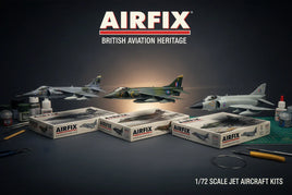 Airfix 1/72 scale jet aircraft model kits with assembled planes, paints, and tools on a workbench.