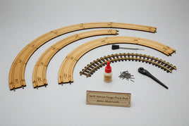 On30 narrow gauge model train track tools and accessories with labeled wooden templates, glue, screwdriver, nails, and track section from Banta Modelworks, hobby supplies from MPM Hobbies.