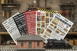 Model train, brick station, and assorted HO scale decal sheets on workbench at MPM Hobbies