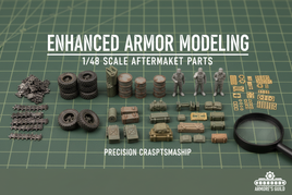 1/48 scale armor model aftermarket parts, mini figures, wheels, barrels, and accessories on cutting mat, MPM Hobbies