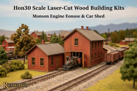 HOn30 scale Rslaserkits laser-cut wood buildings including Monson Engine House and Car Shed displayed on narrow gauge model railroad layout showcasing precision craftsmanship for HOn30 modelers