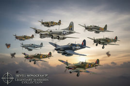Revell-Monogram Legendary Warbirds Collection model airplanes flying in formation at sunset.