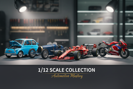 1/12 scale model cars and motorcycle displayed on a table, highlighting automotive collection at MPM Hobbies