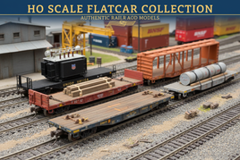 HO scale flatcar model trains with detailed loads on tracks at MPM Hobbies shop display