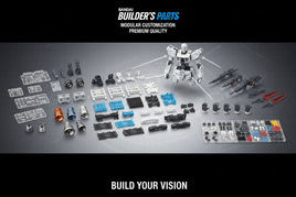 Bandai Builder's Parts collection featuring customization accessories including hands, weapons, and detail parts for model kits