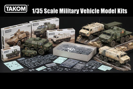Takom 1/35 scale military vehicle model kits, unassembled sprues, completed models, and packaging