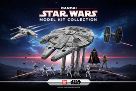 Bandai Star Wars collection featuring X-Wing, Millennium Falcon, AT-AT, TIE Fighter, Mandalorian, and Boba Fett with movie-accurate details