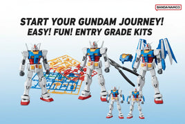 Gundam model kits and plastic runners with tools, promoting entry grade Gunpla at MPM Hobbies.