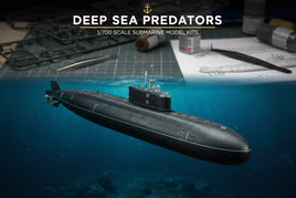 1/700 scale submarine model kit with black submarine, hobby tools, and instructions, MPM Hobbies