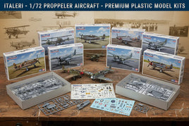 Italeri 1/72 propeller aircraft premium plastic model kits, sprues, decals, and finished planes on tabletop, MPM Hobbies collection.