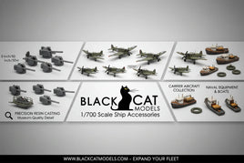 Black Cat Models 1/700 scale ship accessories including model guns, aircraft, and boats.
