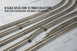 N scale Atlas Code 55 model train tracks displayed on blueprint, MPM Hobbies collection